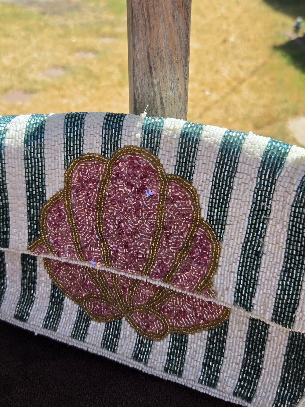 Beaded Pink Shell Clutch Bag with Green Stripe Detail